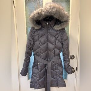 Laundry By Shelli Segal Charcoal Puffer Coat with Faux Fur Detachable Hood Small